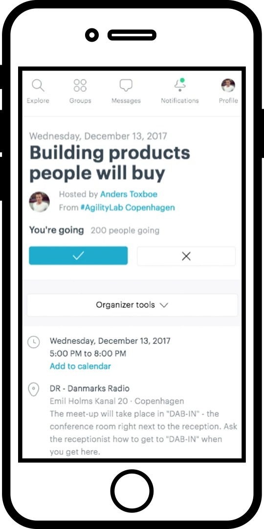 The Meetup landing page for my first public test event experiment in December 2017. 200 people showed up.
