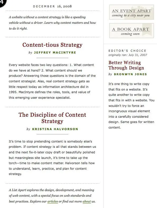 Article List example from alistapart.com
