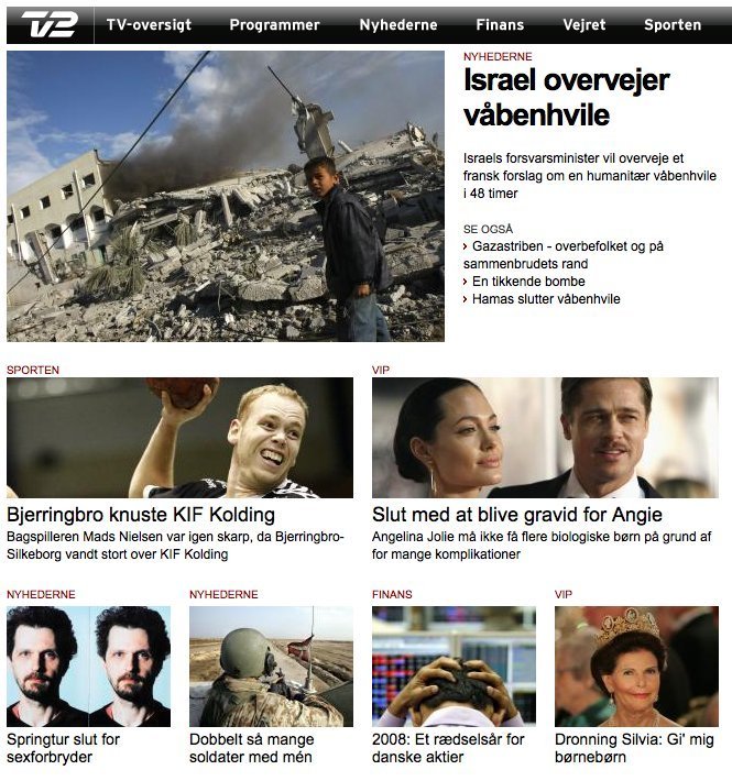 At the Danish television company, TV2, articles are listed by category. The top story (the latest) in each category is shown with a wide thumbnail image, header, and description. This is followed by the a list of the next 3 articles from the same category.