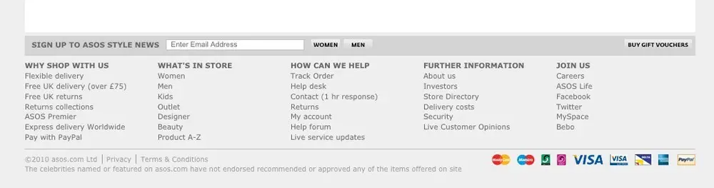 The icons at the bottom of the asos.com footer help communicate a sense of security and help the potential customer put trust in asos.com.
