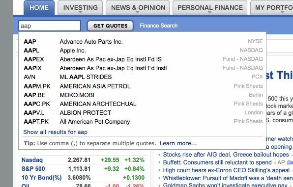 Screenshot of finance.yahoo.com