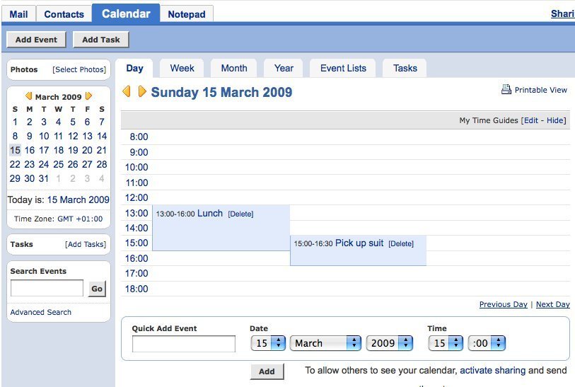 Screenshot of calendar.yahoo.com