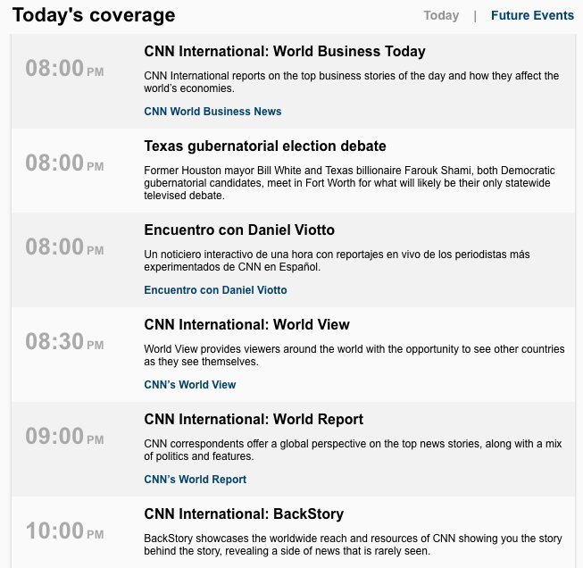 The event list at live.cnn.com does a great job listing start times that are easy to scan as well.
