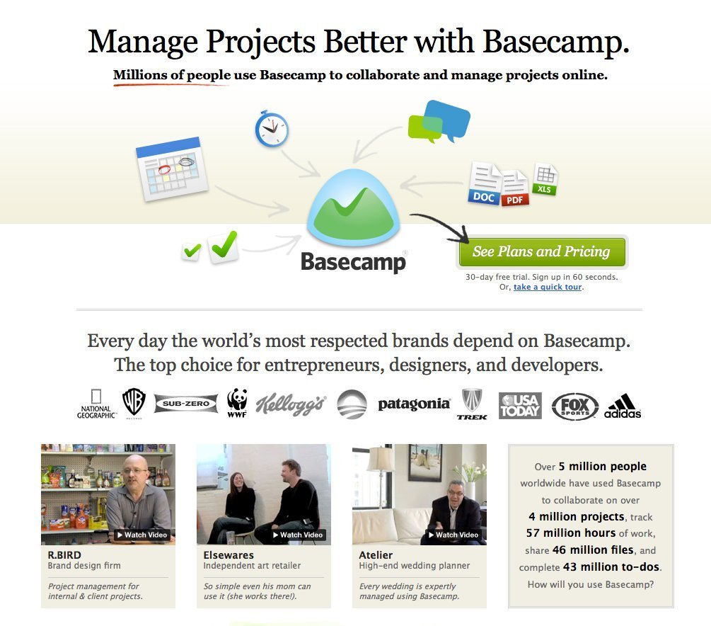 Another part of Basecamp marketing site builds credibility for their product by listing prominent customers, underlining that "Millions of people" use Basecamp, and follow up with videos of respected customers explaining what they like about Basecamp. They appeal to ethos.
