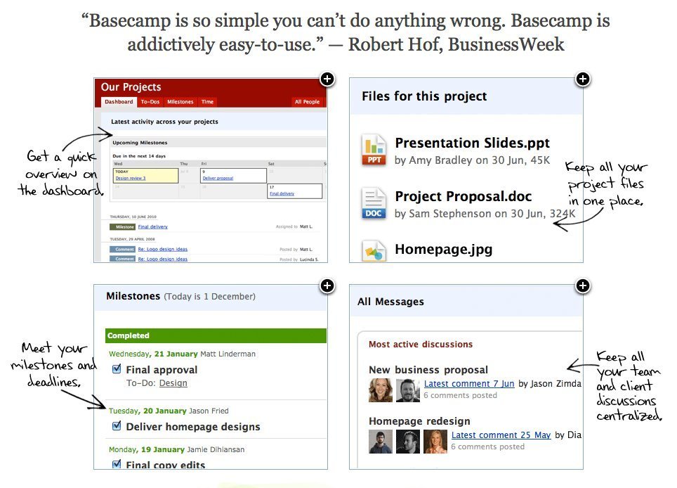 The marketing site for the project management tool, Basecamp, tries to persuade potential customers by appealing to their emotions. They use emotional and vivid sentences that have no base in measurable facts like "...so simple you can't do anything wrong..." and "Meet your milestones and deadlines".