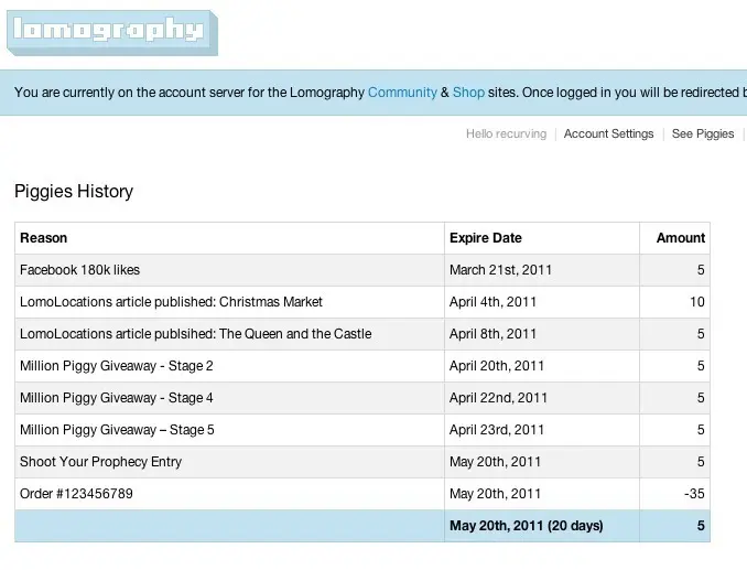 Variable Rewards example from account.lomography.com