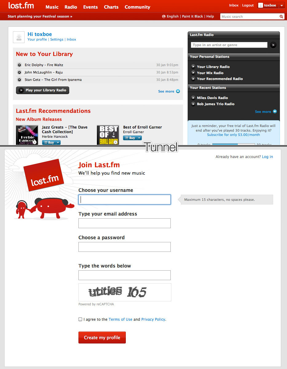 Last.fm uses the principle of Tunneling: as soon as you click their Sign Up button, all distractions disappear.