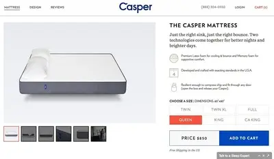 Product pages example from caspersleep.com