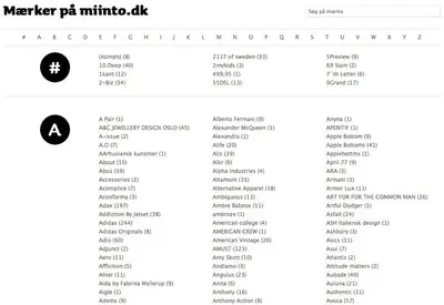 Alphabetic listing example from miinto.dk
