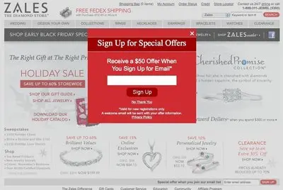 Newsletter sign up example from zales.com