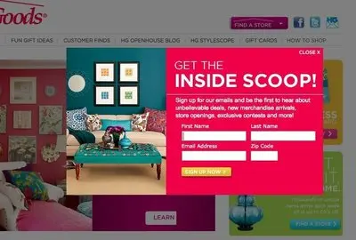 Newsletter sign up example from homegoods.com