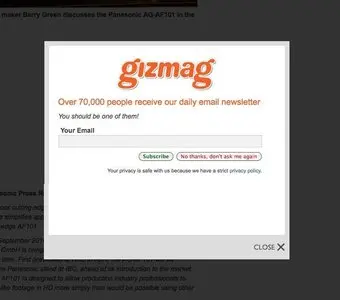 Newsletter sign up example from gizmag.com