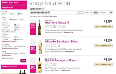 Filter Search example from winestore-online.com