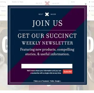 Newsletter sign up example from bestmadeco.com