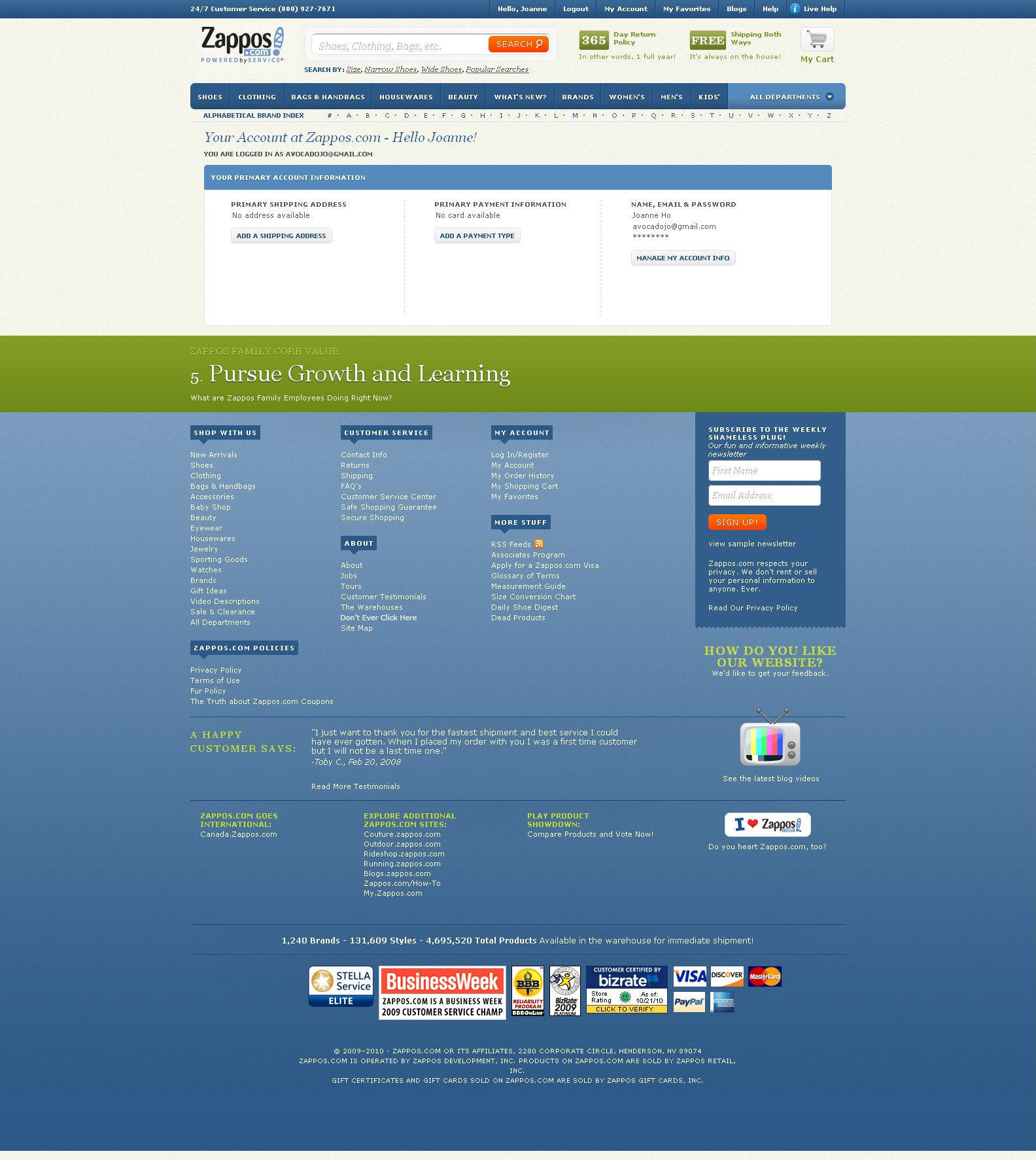 Screenshot of zappos.com
