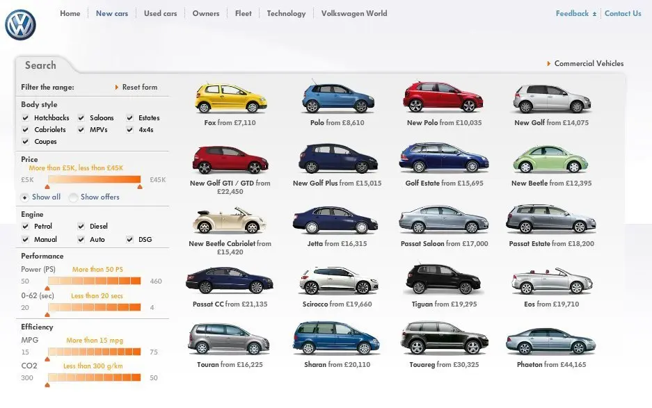 Search Filters example from volkswagen.co.uk