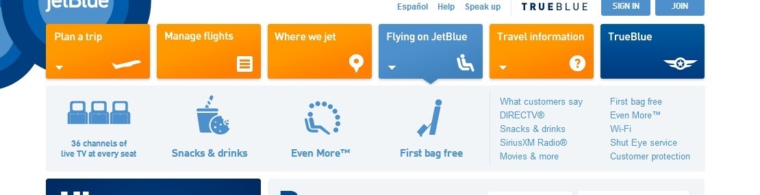 Screenshot of jetblue.com
