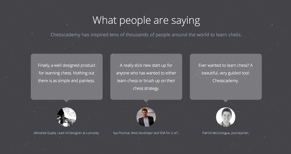 Testimonials example from chesscademy.com