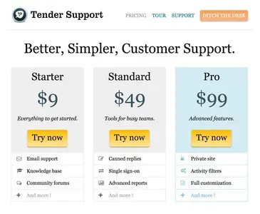 Pricing table example from tenderapp.com