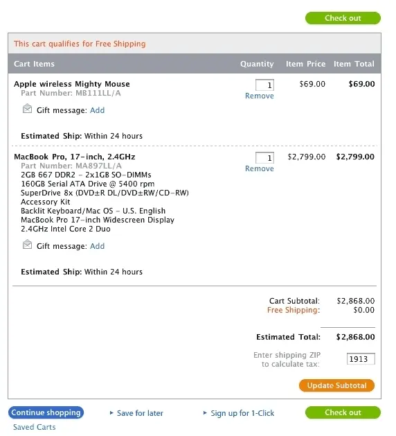 Shopping Cart example