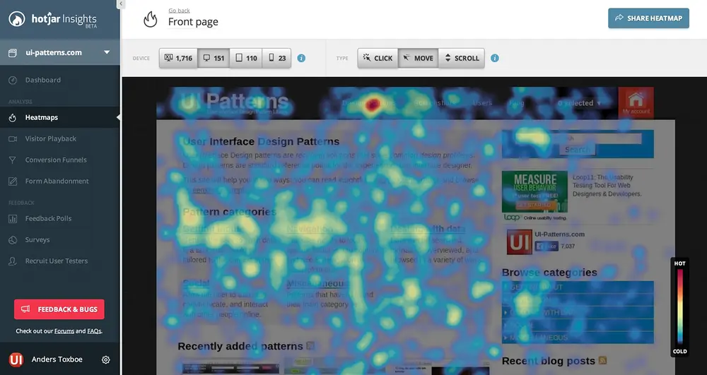 Heat maps at HotJar are generated for 4 different screen sizes. For mobile and tablet, click and mouse move maps are replaced by a tap-heat map.