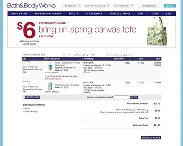 Shopping Cart example from bathandbodyworks.com