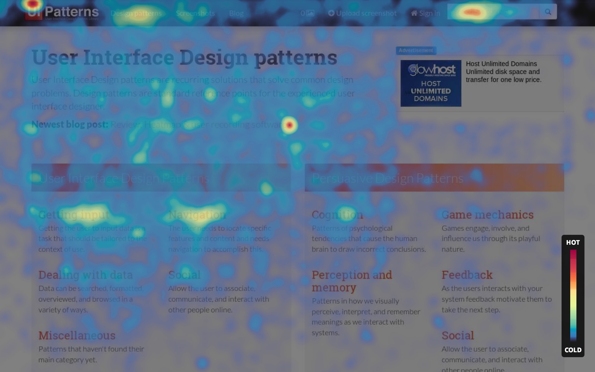 Heat map showing mouse movements on the front page of UI-Pattersn.com. There is an 84% to 88% correlation between mouse and eye movements.