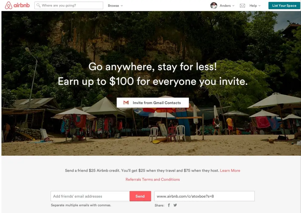 Invite friends example from airbnb.com
