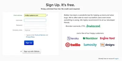 Account Registration example from rollbar.com