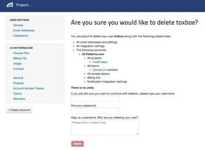 Account deletion example from rollbar.com