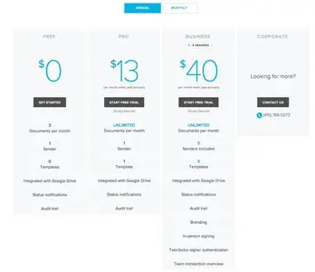 Pricing table example from hellosign.com