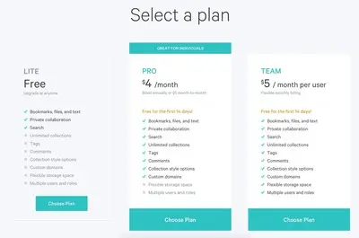 Pricing table example from dropmark.com