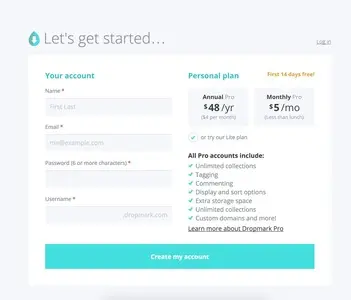 Account Registration example from app.dropmark.com