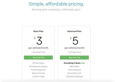 Pricing table example from fleetio.com
