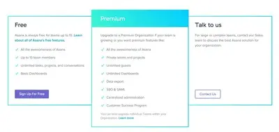 Pricing table example from asana.com