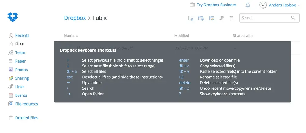 Keyboard Shortcuts example from dropbox.com