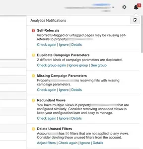 Notifications example from analytics.google.com