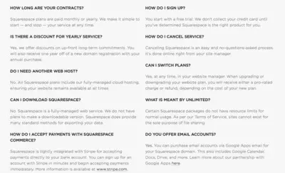 Frequently Asked Questions (FAQ) example from squarespace.com