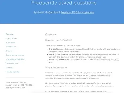 Frequently Asked Questions (FAQ) example from gocardless.com