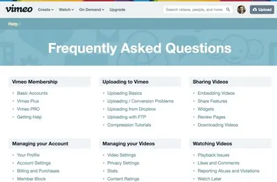 Frequently Asked Questions (FAQ) example from vimeo.com