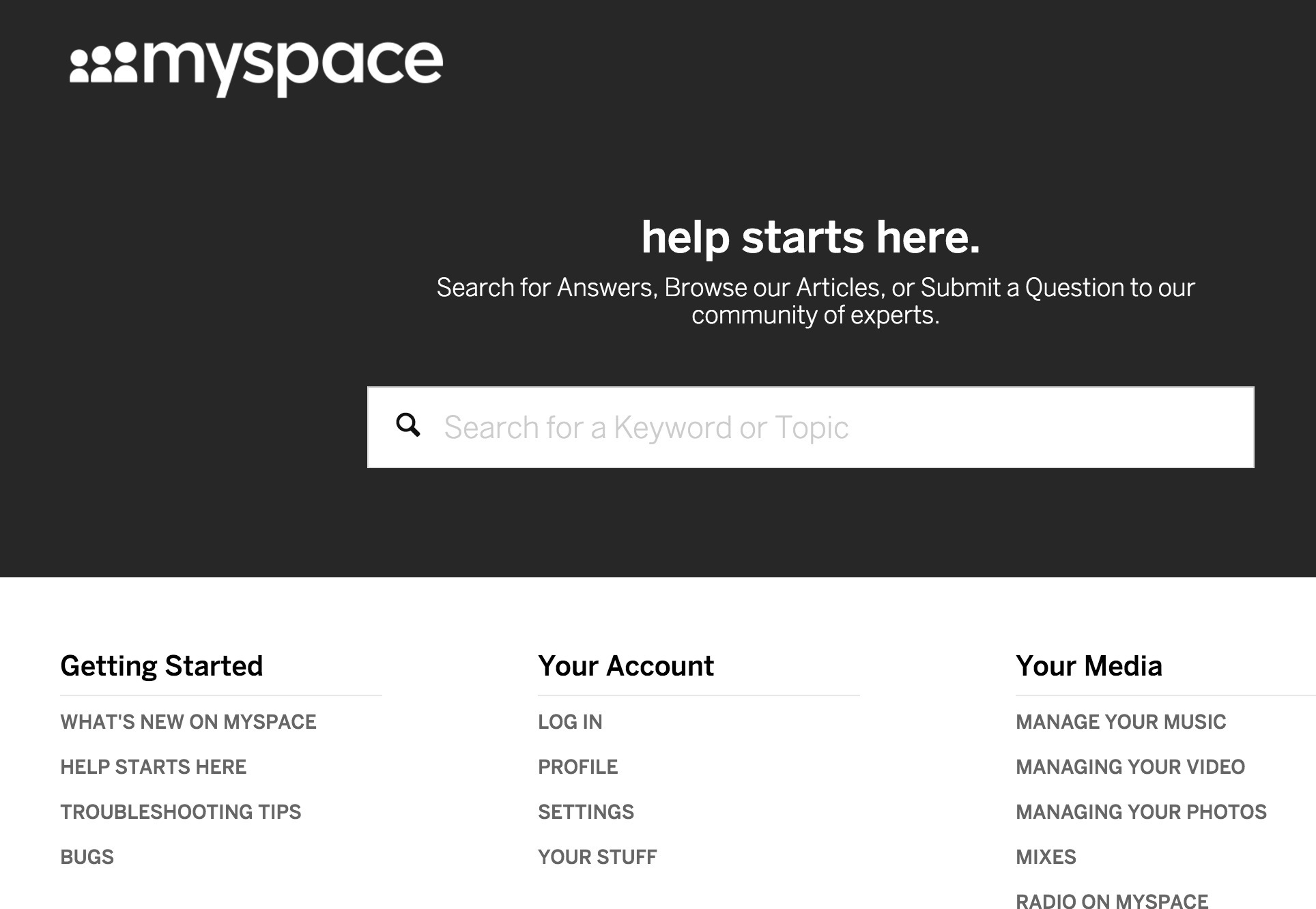 Screenshot of help.myspace.com