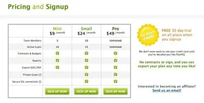 Pricing Tables example from planhq.com