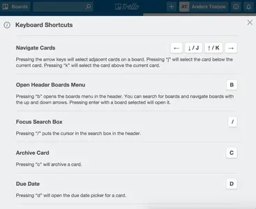 Keyboard Shortcuts example from trello.com