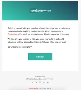Contextual upgrade emails example from codecademy.com
