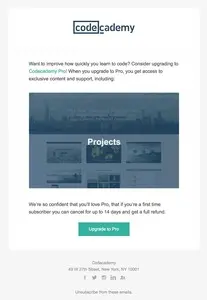 Upgrade emails example from codecademy.com