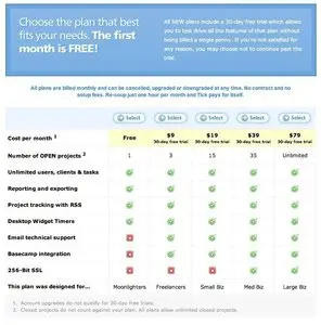 Pricing Tables example from tickspot.com