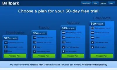 Pricing Tables example from getballpark.com