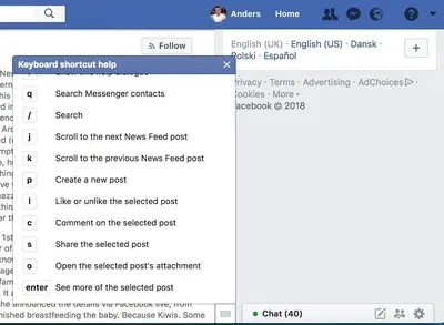 Keyboard Shortcuts example from facebook.com