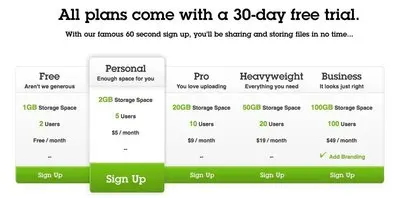 Pricing Tables example from filesharehq.com