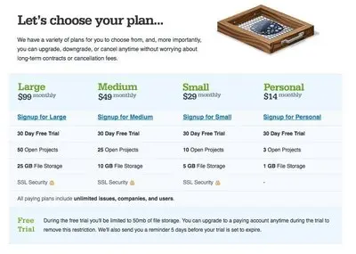 Pricing Tables example from sifterapp.com